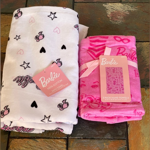 Mattel Barbie Pink & White Velour 100% Cotton 1 Bath 2 Hands Towel Set 3pc - Picture 6 of 12